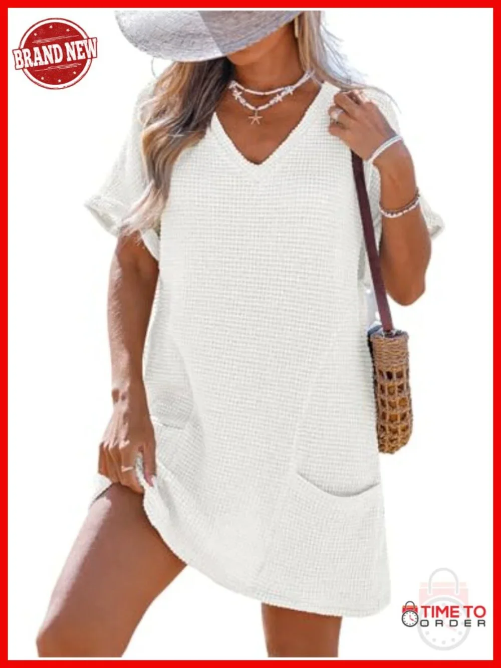 Waffle Knit V Neck Short Sleeve Beach Coverup Dress with Pockets